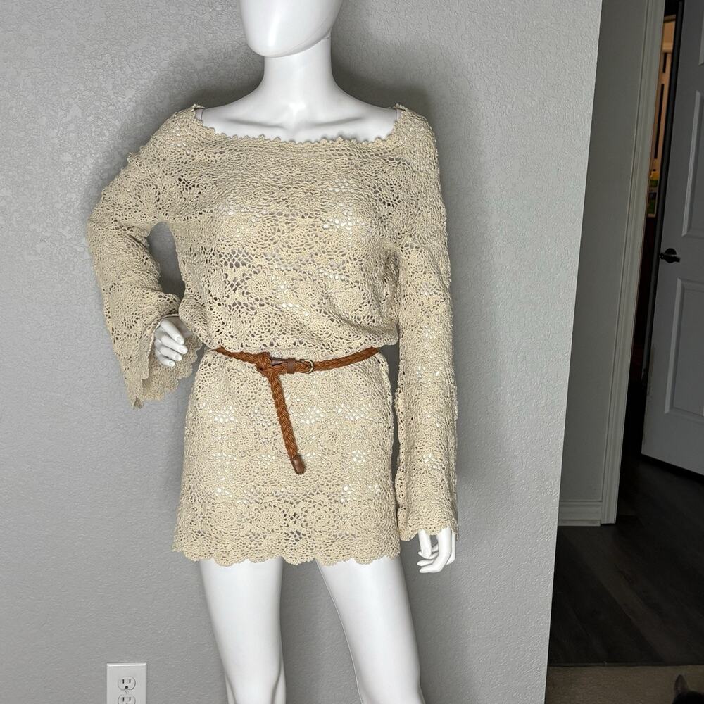 Rare Vtg 80s Ronaldus Shamask Women's Crochet Lace Dress Bell Slv Boho Ivory OS